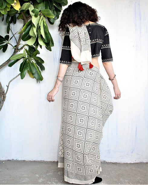 Ivory Black Hand Block Printed Cotton Mul Saree